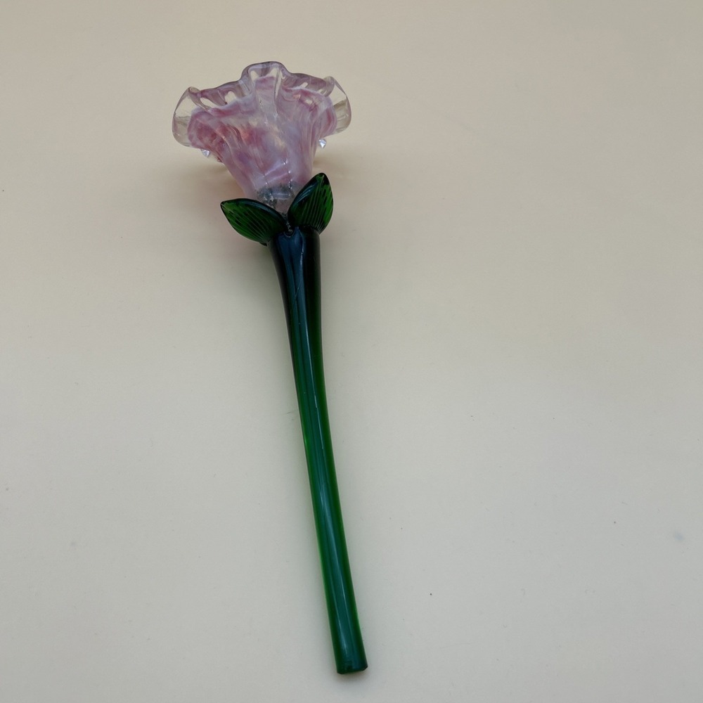 VTG Pink Bud Rose Hand Blown Murano-Style Art Glass Long Green Stem Tulip Flower - Picture 4 of 5